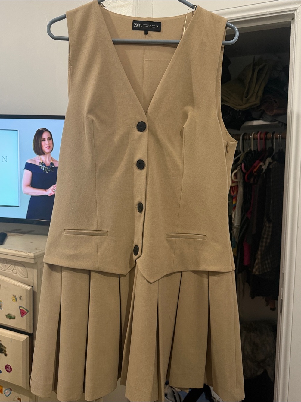 Zara Tan Pleated Button-Front Vest Dress (used once)